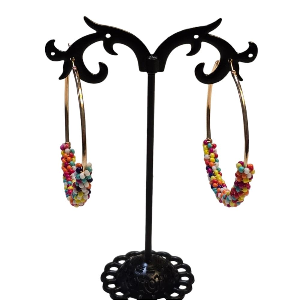 Lucky brand Seed Beaded Gold Tone Hoop Earrings New
